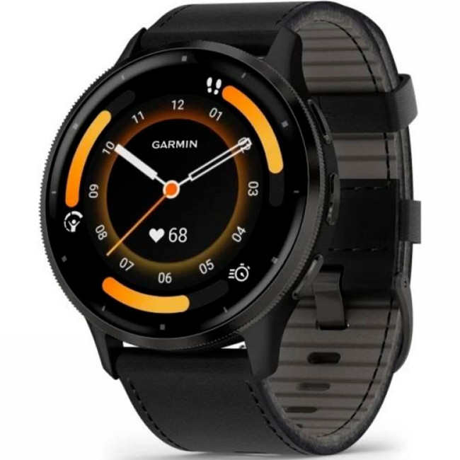 Garmin Venu 3 Slate S. Steel Bezel w. Black Case and Leather Band (010-02784-52)