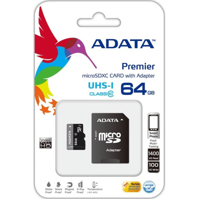 Карта пам'яті A-Data 64 GB microSDXC UHS-I + SD Adapter Premier AUSDX64GUICL10-RA1