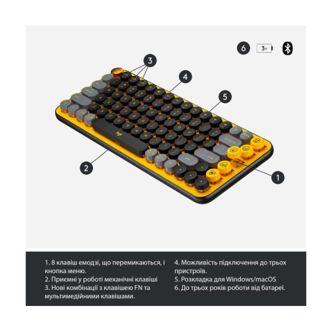 Клавіатура Logitech POP Keys Wireless Mechanical Keyboard Blast Yellow (920-010716)