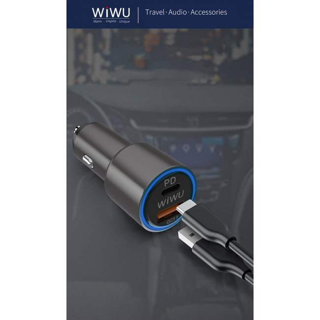 Автомобильное зарядное устройство Wiwu Car Charger, Aluminium, Quick Charge Type-C PD (18W) + USB 30 (18W) Black (PC100)