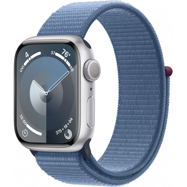 Apple Watch Series 9 GPS 45mm: Серебристый корпус из алюминия с синей зимней петлей (MR9F3)