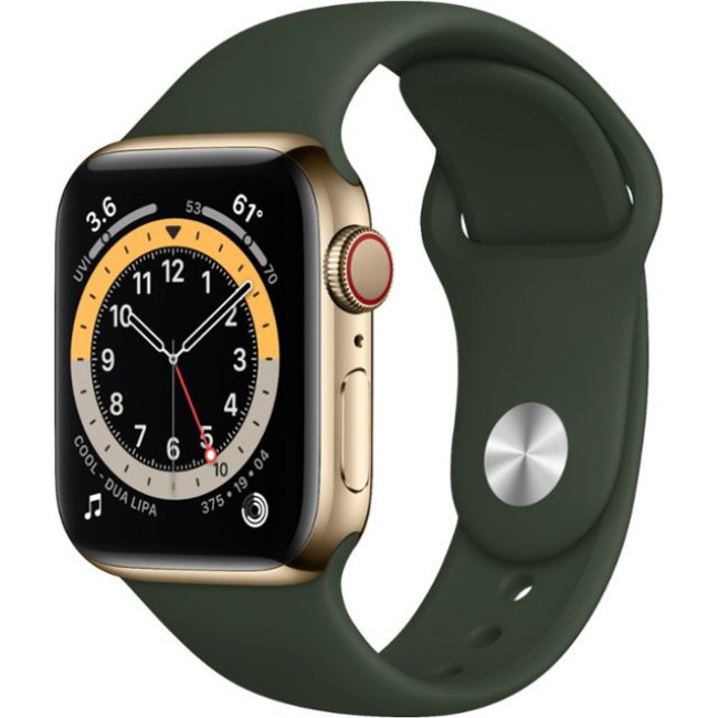 Apple Watch Series 6 GPS + Cellular 40mm Gold Stainless Steel Case w. Cyprus Green Sport B. (M02W3)