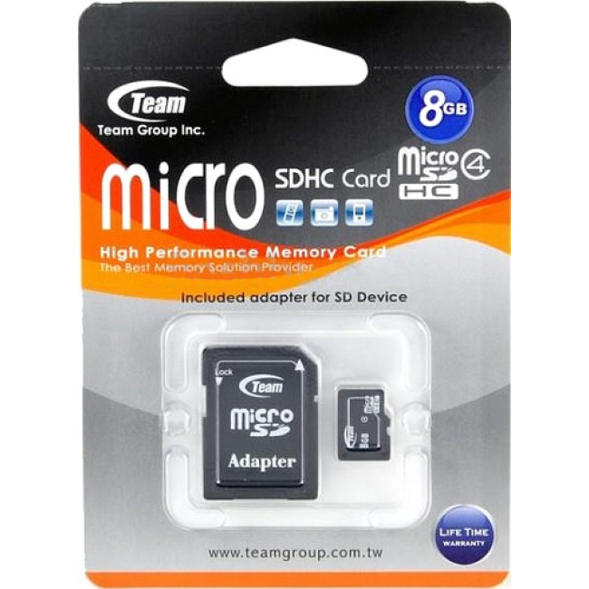 Карта пам'яті TEAM 8 GB microSDHC Class 4+SD Adapter TUSDH8GCL403