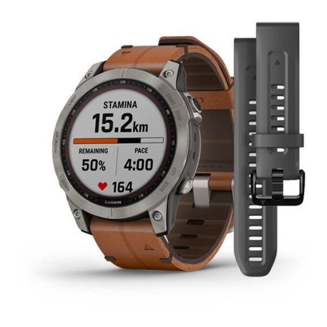 Garmin Fenix 7 Sapphire Solar Titanium with Chestnut Leather Band (010-02540-31)