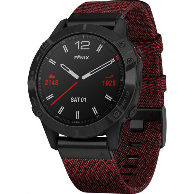 Garmin Fenix 6 Sapphire Black DLC with Heathered Red Nylon Band (010-02158-16)