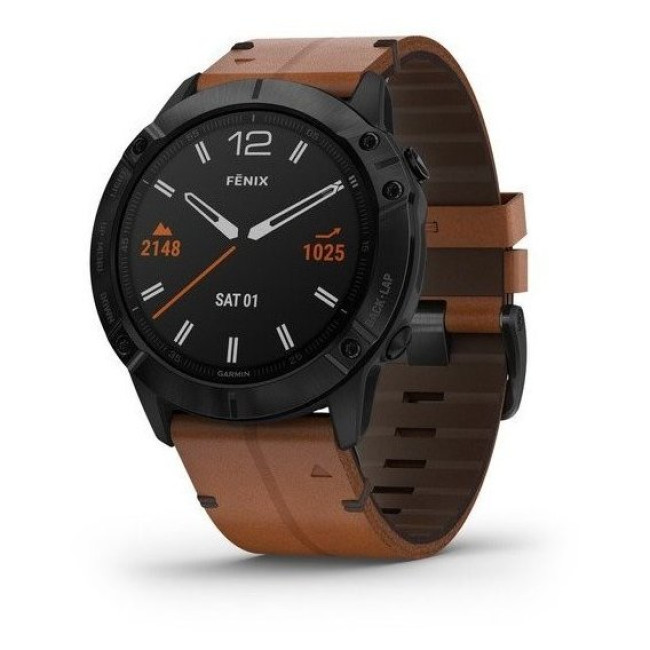 Garmin Fenix 6X Pro Sapphire Black DLC with Chestnut Leather Band (010-02157-14)