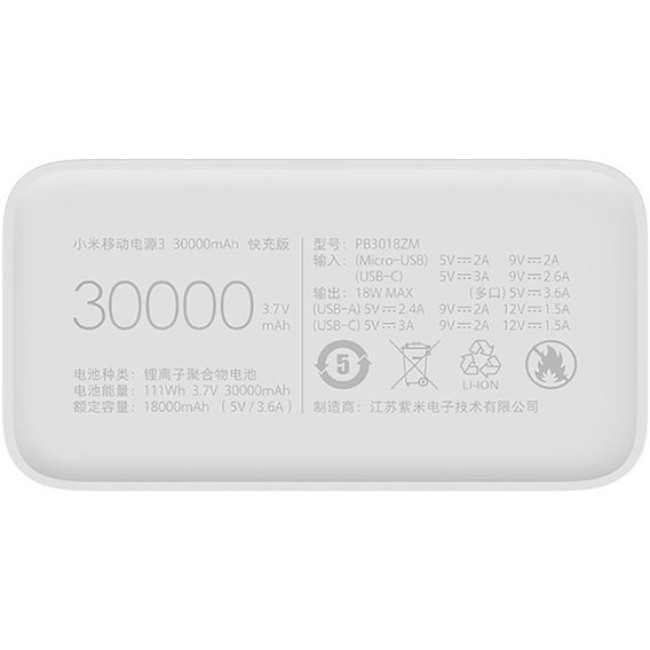 Внешний аккумулятор Xiaomi Mi 3 30000mAh Quick Charge White (PB3018ZM)