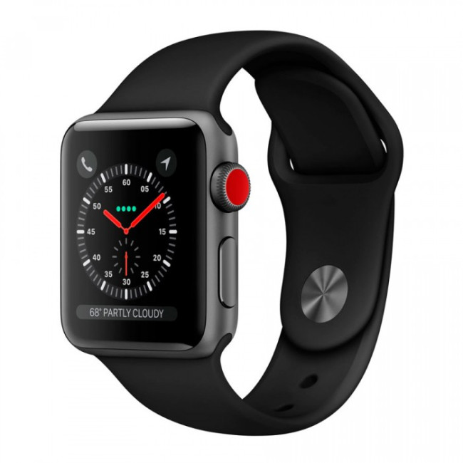 Apple Watch 38mm Series 3 GPS + Cell. Sp Gr Alu. Case w. Black Sport B. (MQJP2)