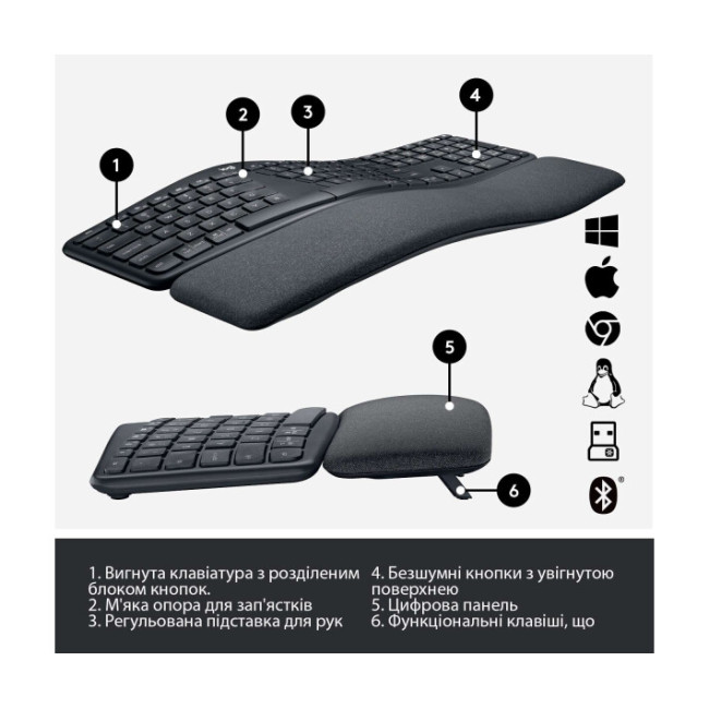 Клавиатура Logitech ERGO K860 Bluetooth/Wireless UA Black (920-010108, 920-010352)