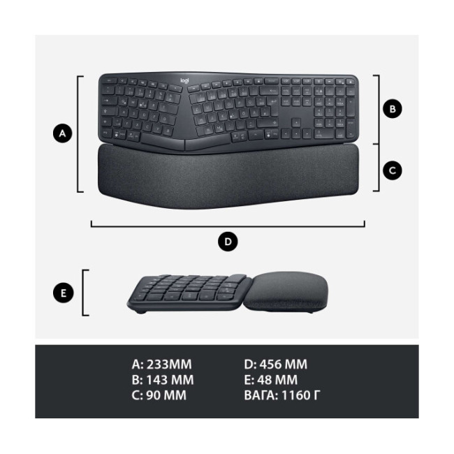 Клавиатура Logitech ERGO K860 Bluetooth/Wireless UA Black (920-010108, 920-010352)