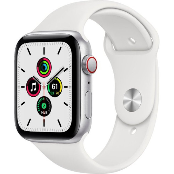 Apple Watch SE GPS + Cellular 44mm Silver Aluminum Case with White Sport B. (MYEM2)