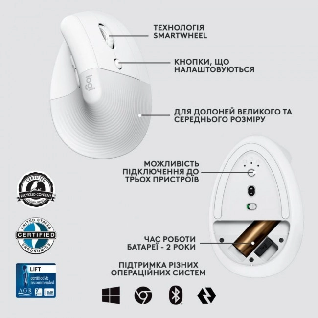 Компьютерная мышь Logitech Lift for Business Off-White (910-006496)