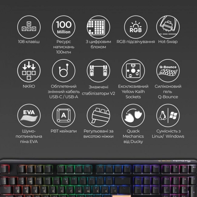 Клавиатура Ducky One 3 Cherry MX Red RGB UA USB Black (DKON2108ST-RUAPXCLAWSC1)